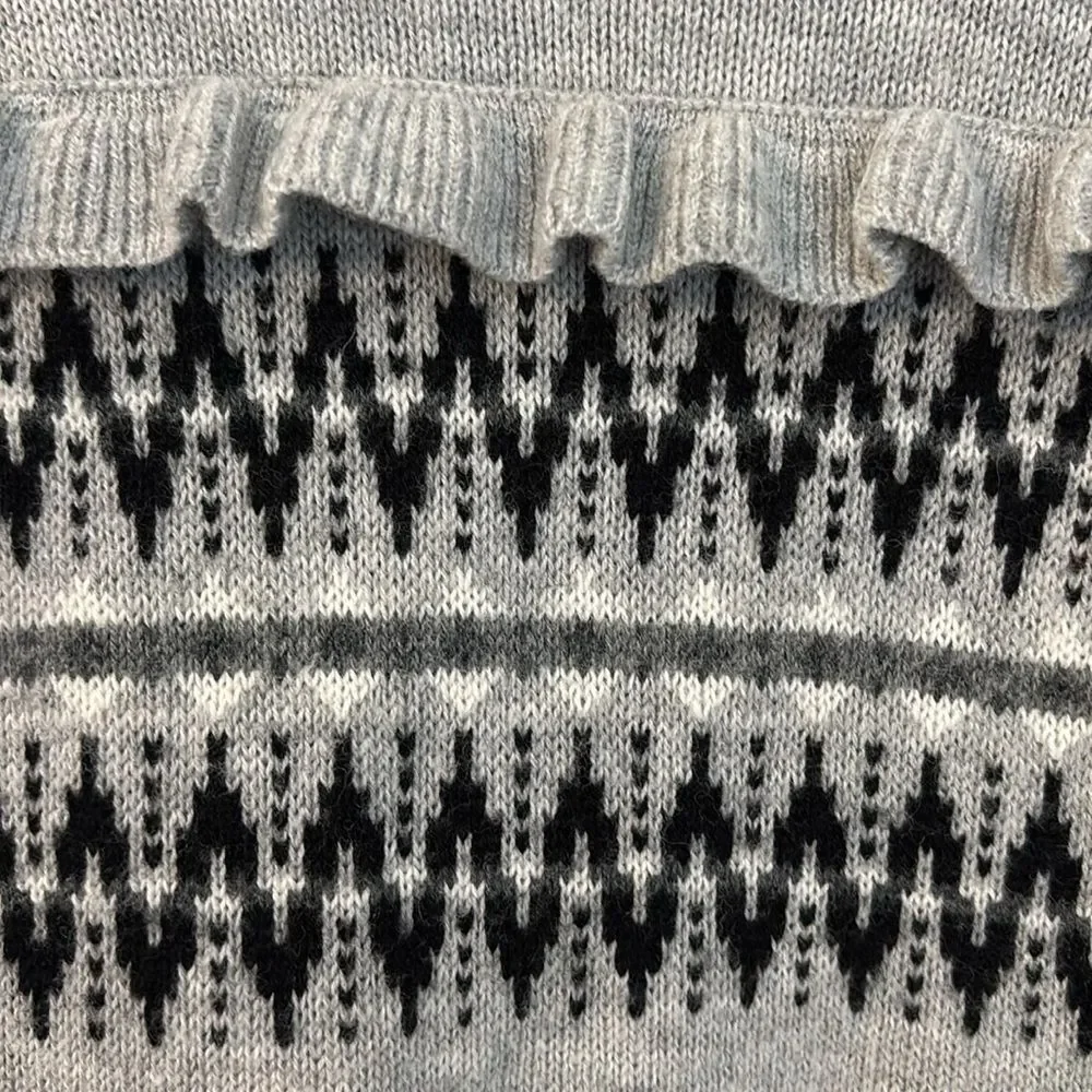 Talbots Women’s Fair Isle Lambs wool blend ruffle knit sweater gray black XL EUC